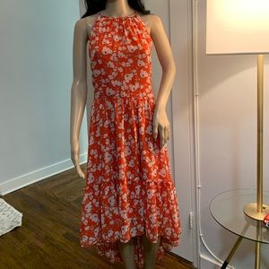 Red dress with white flowers tiered skirt halter top with zipper lined